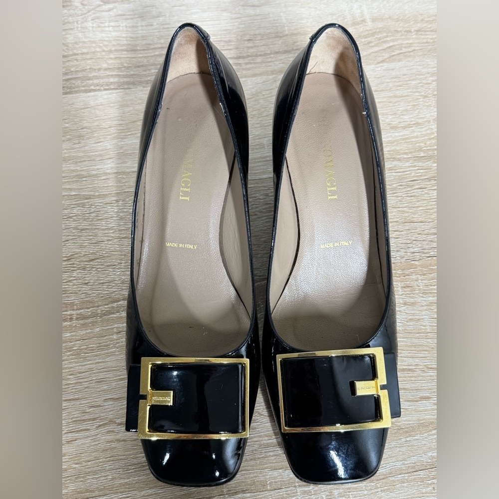 Bruno Magli Size 38.5 US 7.5 Black Patent Leather Block Heel Shoes Buckle - Picture 8 of 16